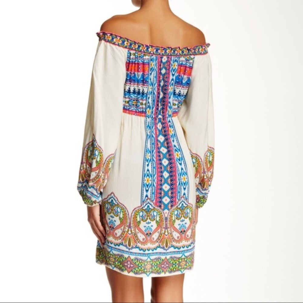 πΌ Cream Off-White Tribal Bohemian Boho Paisley Print Peasant Dress - Picture 2 of 16